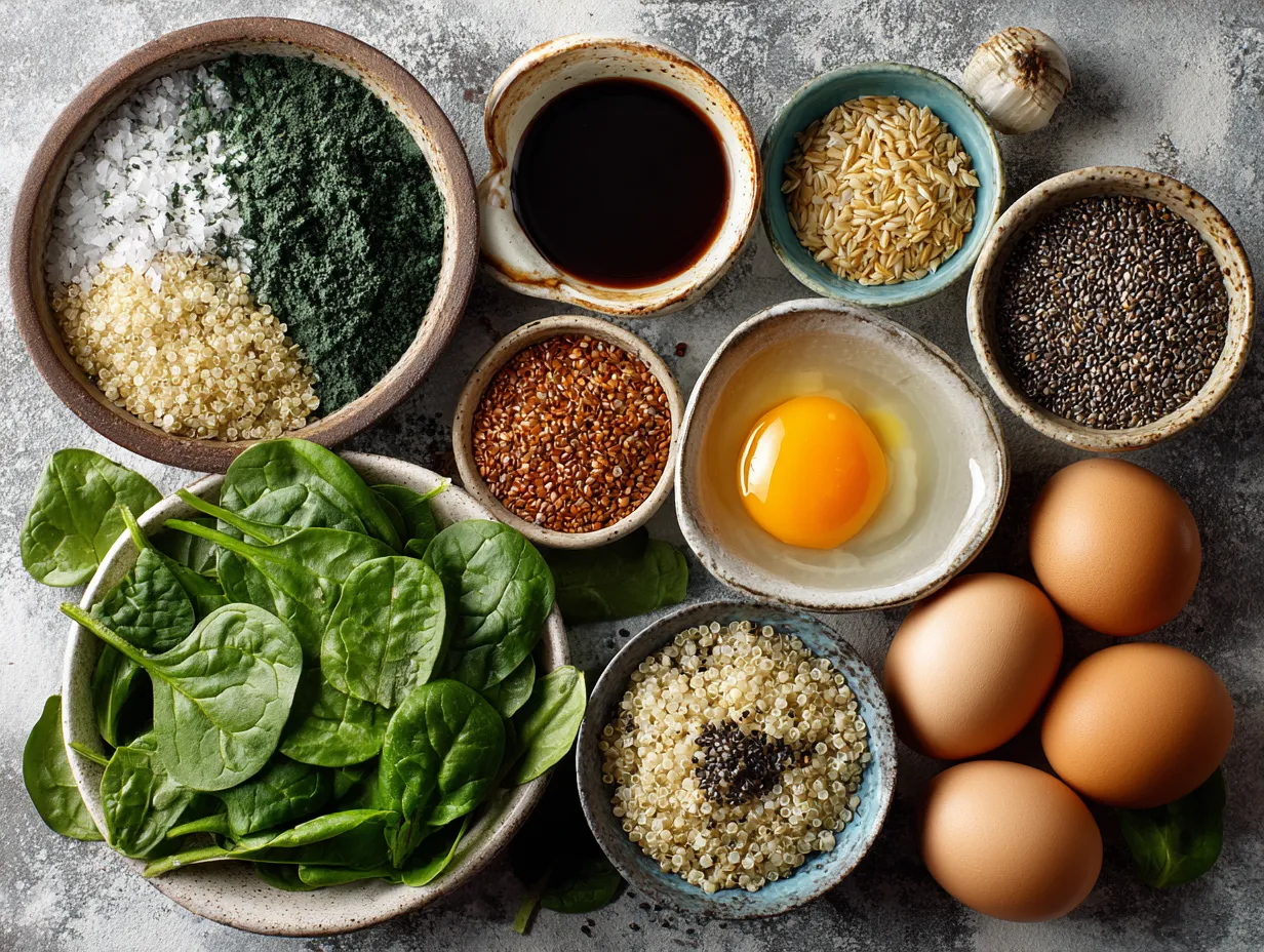 Ingredients for Savory Breakfast Quinoa with Spinach on a kitchen counter.