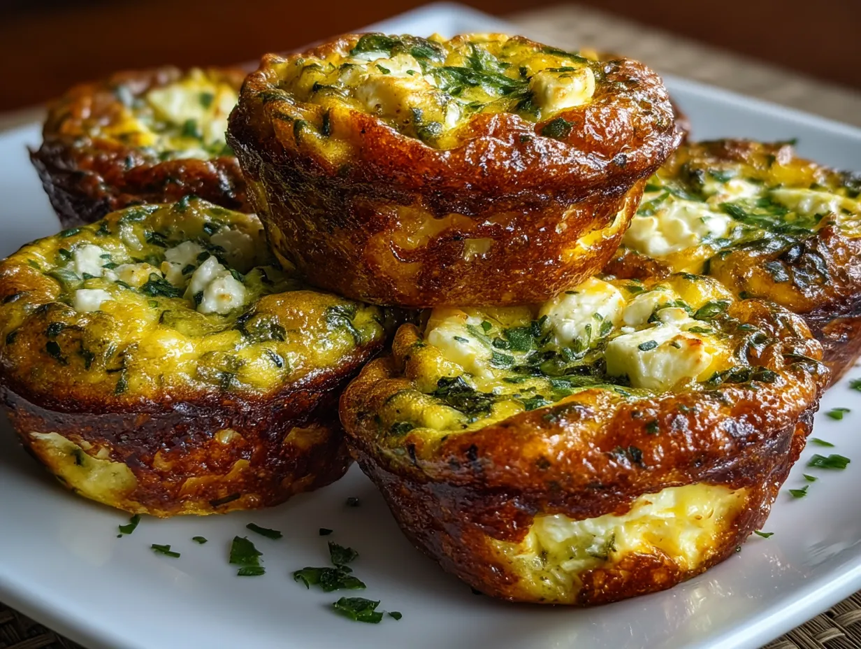 Serving savory zucchini and feta egg bites garnished with fresh herbs and side fruit