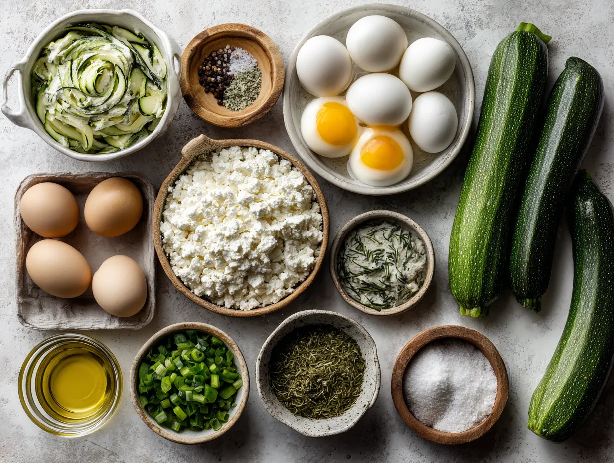 Ingredients for savory zucchini and feta egg bites including eggs, zucchini, feta cheese, and herbs