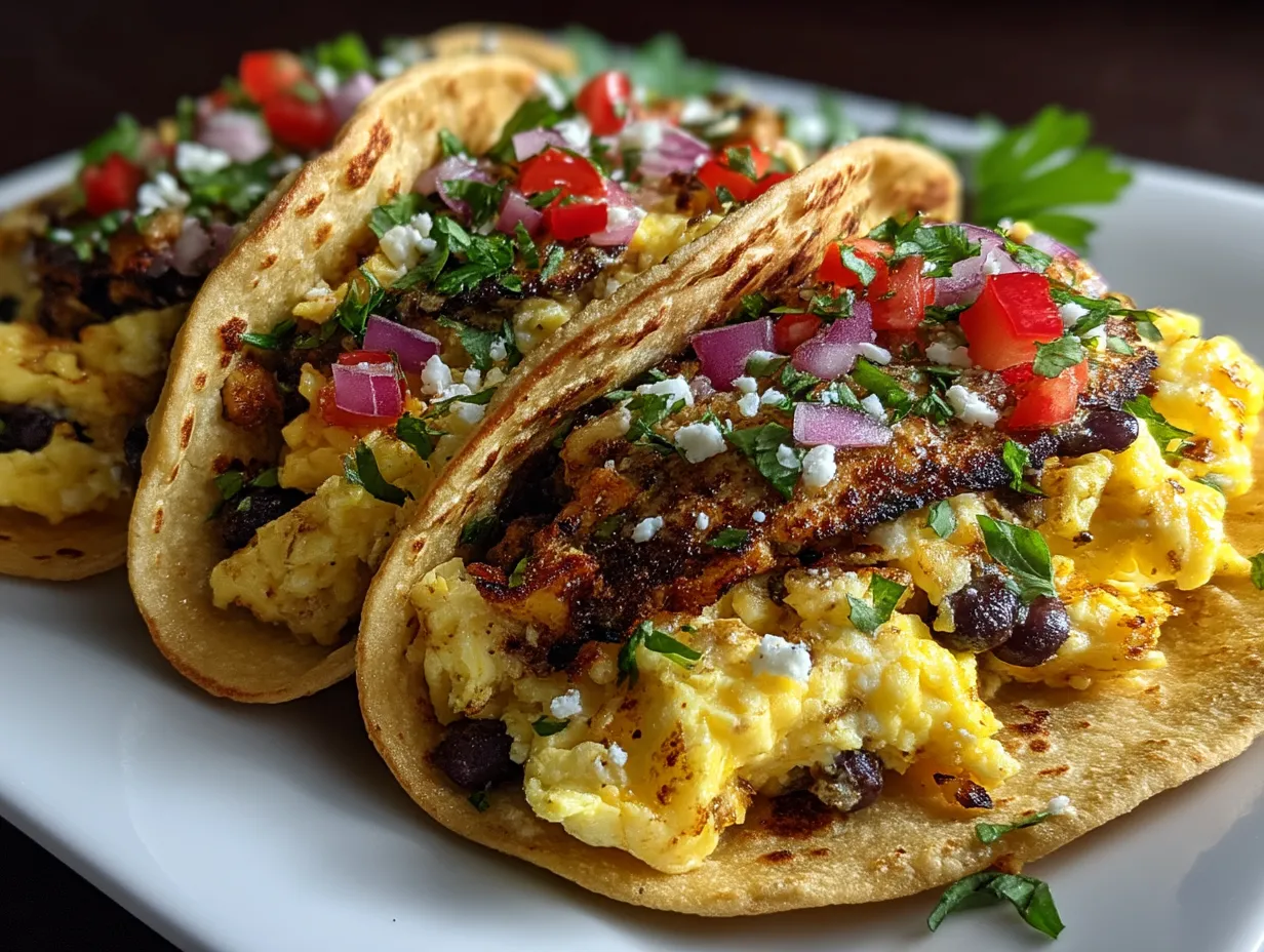 Serving suggestion for scrambled egg black bean protein tacos with avocado and lime