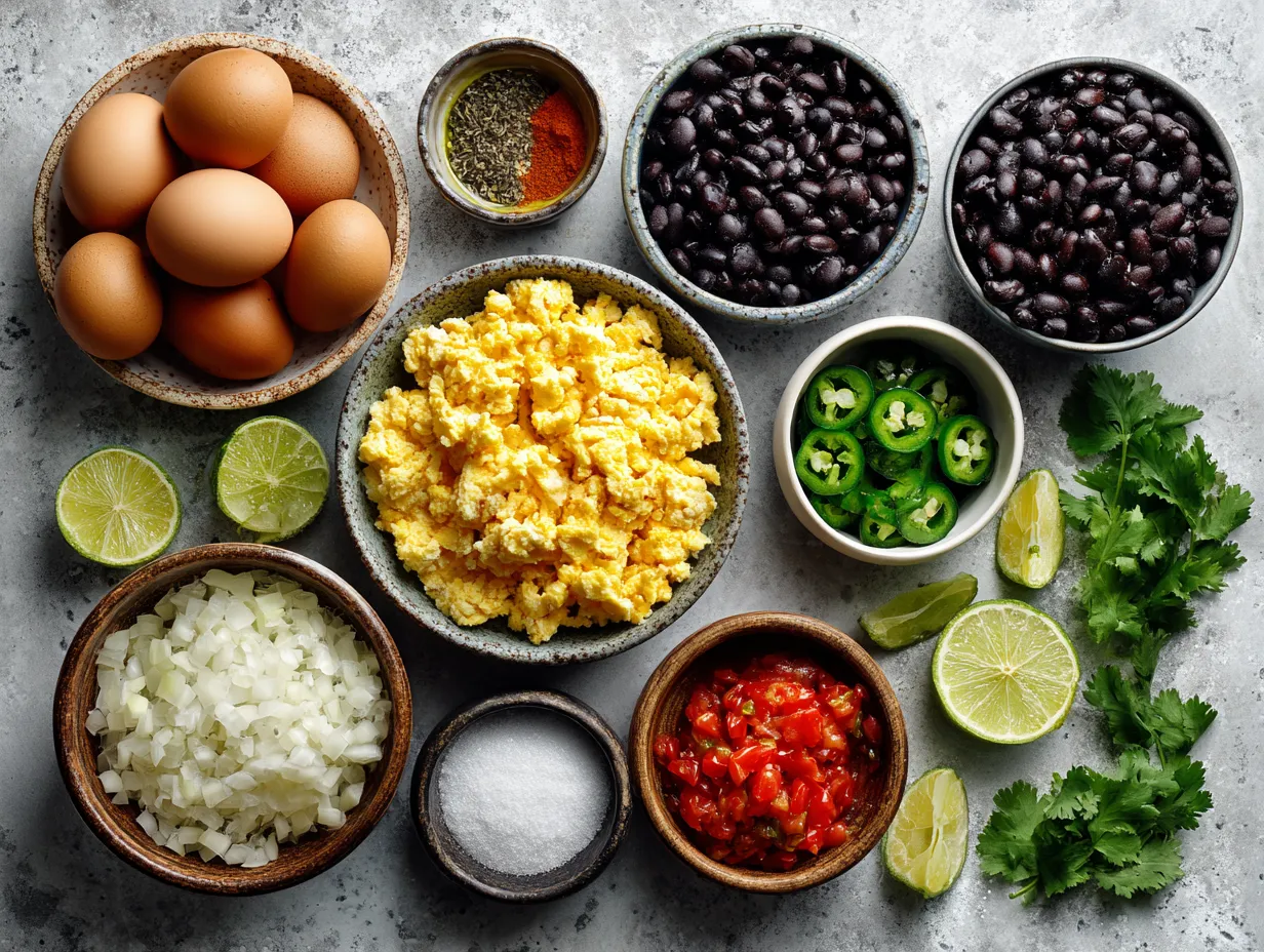 Ingredients for making scrambled egg black bean protein tacos