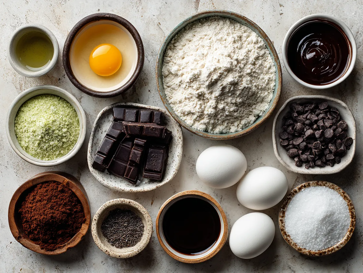 Ingredients for Sea Salt Dark Chocolate Flourless Cookies including chocolate chips, eggs, sugar, cocoa powder, salt, and vanilla extract