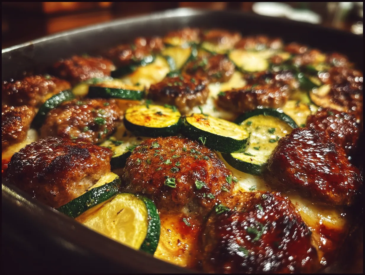 Served Sheet Pan Beef Sausage Summer Squash meal on a plate with fresh herbs and lemon wedges