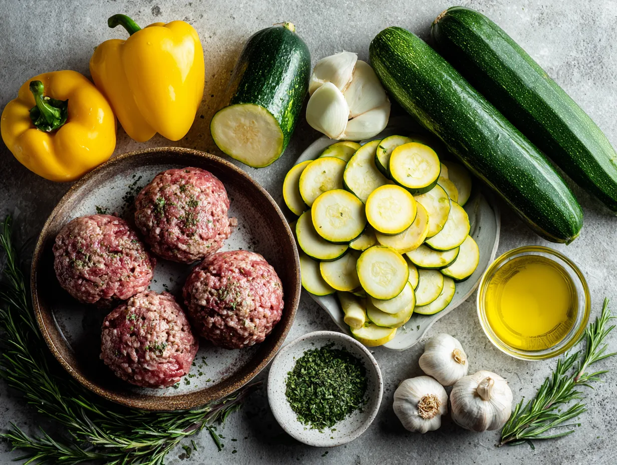 Ingredients for Sheet Pan Beef Sausage Summer Squash including sausages, summer squash, red onion, garlic, and herbs