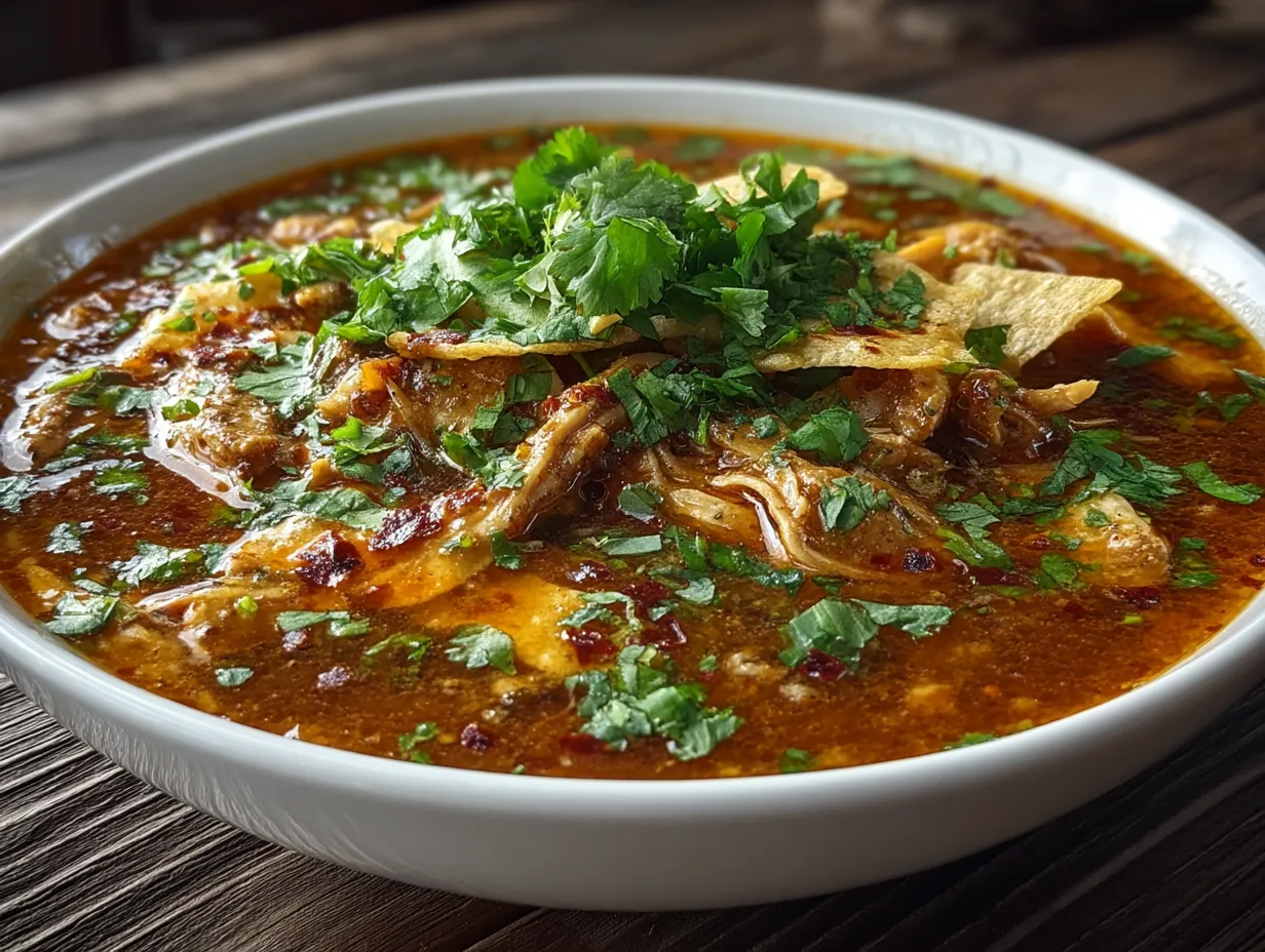 Serving Slow Cooker Chicken Tortilla Soup No Pork garnished with crispy tortilla strips and fresh herbs