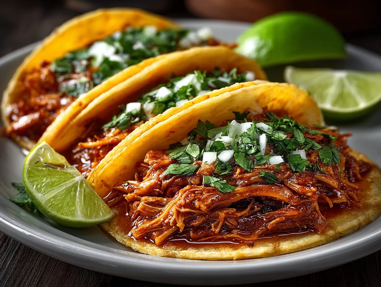 Slow Cooker Shredded Chicken Street Tacos served with fresh cilantro and lime wedges