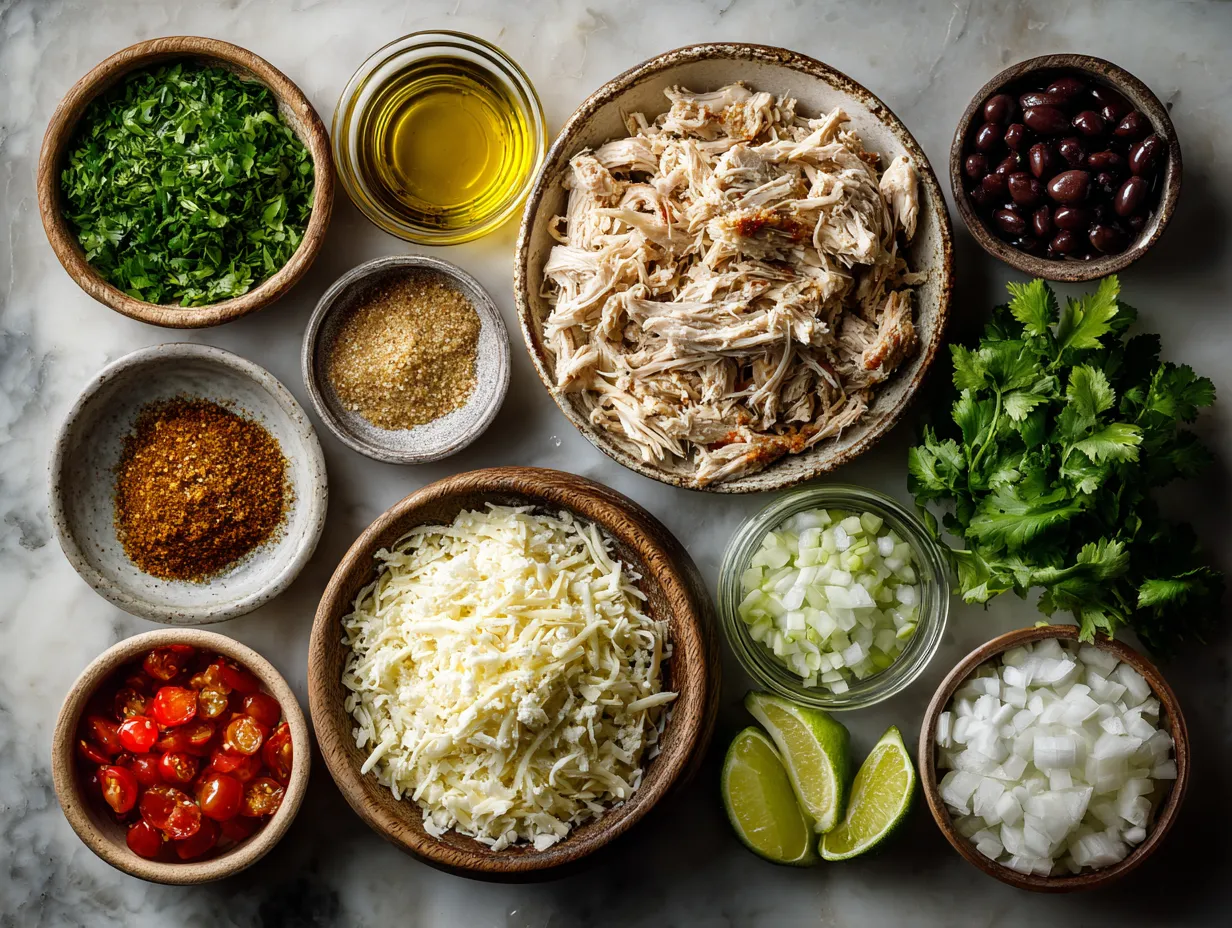 Ingredients for Slow Cooker Shredded Chicken for Street Tacos on a wooden board