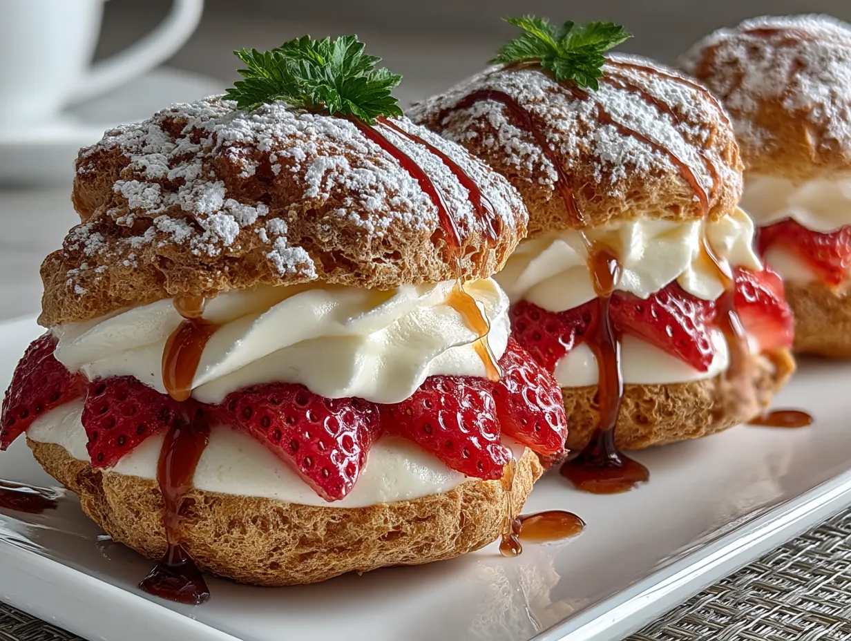 Strawberry Protein Cream Puffs served on a platter with fresh strawberries