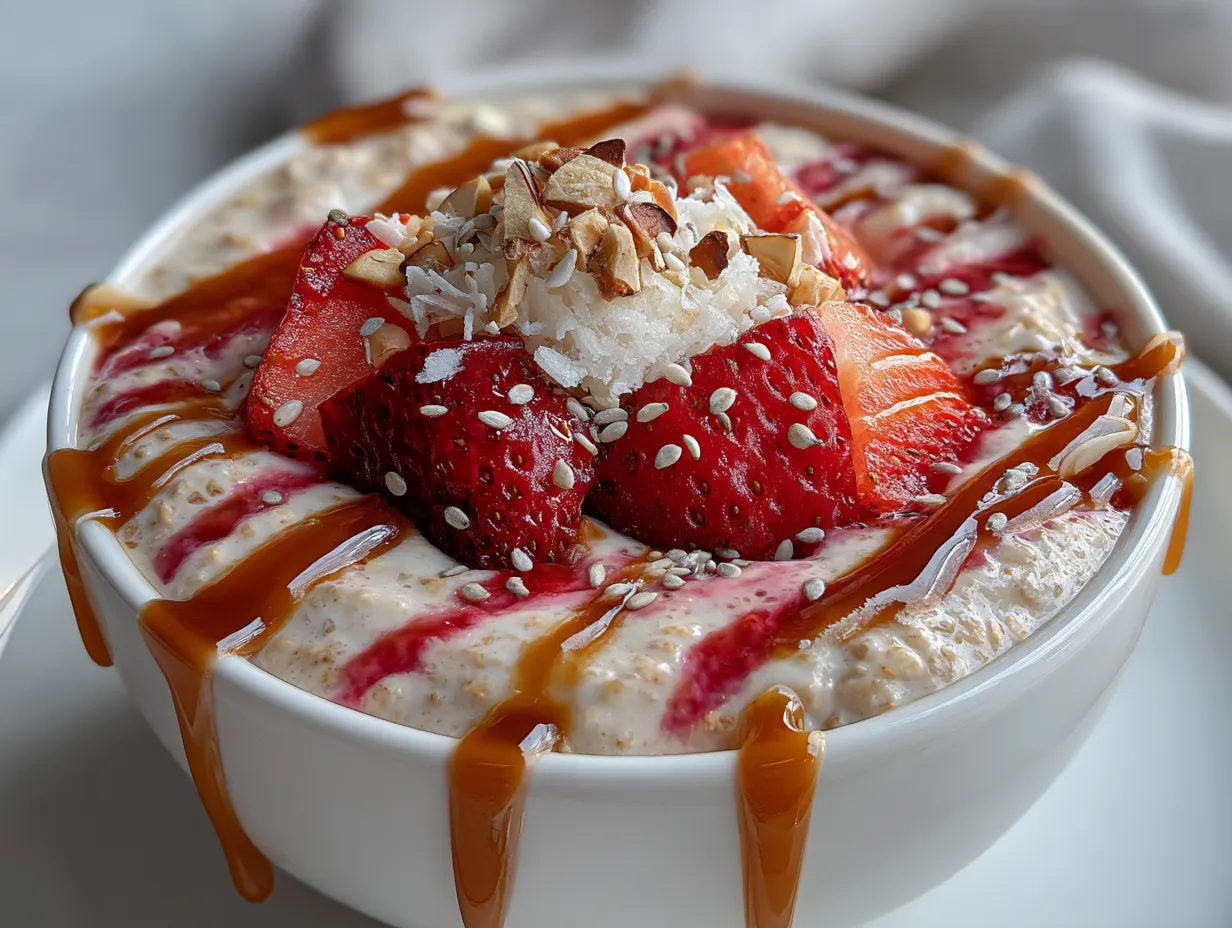 Served Strawberry Protein Overnight Oats with fresh fruit and toppings