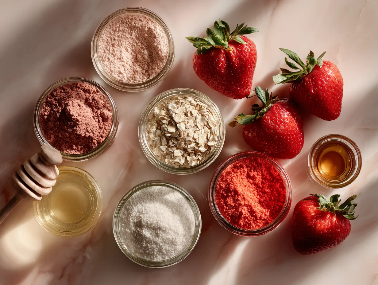 Ingredients for Strawberry Protein Overnight Oats including oats, strawberries, yogurt, and protein powder