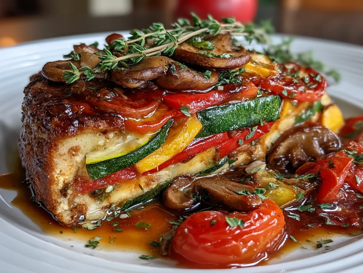 Plated Summer Garden Ratatouille with Chicken served with fresh basil garnish