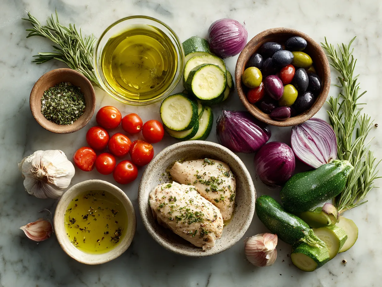 Ingredients for Summer Garden Ratatouille with Chicken including fresh vegetables and chicken pieces