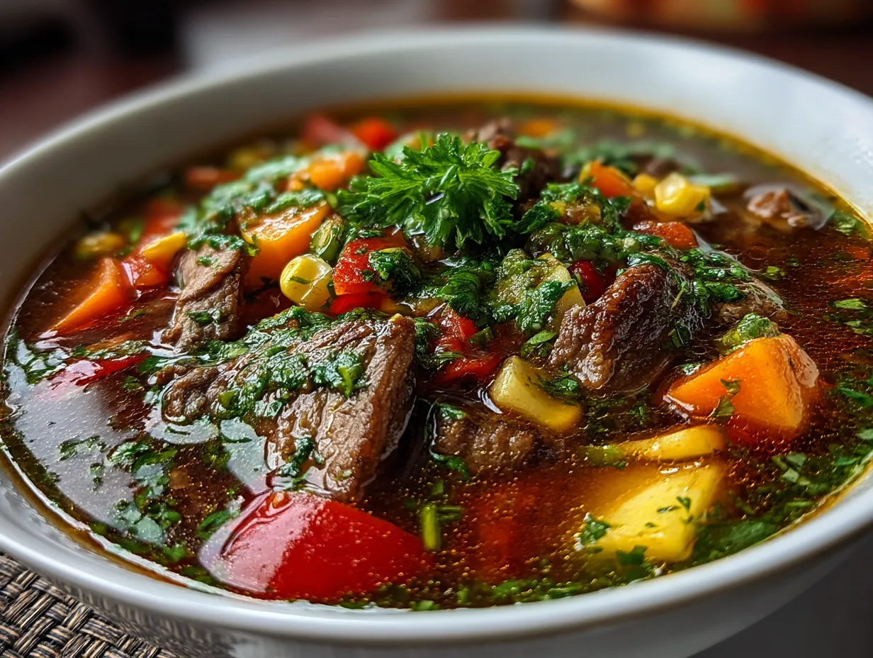 Bowl of Summer Harvest Vegetable Beef Soup garnished with fresh parsley