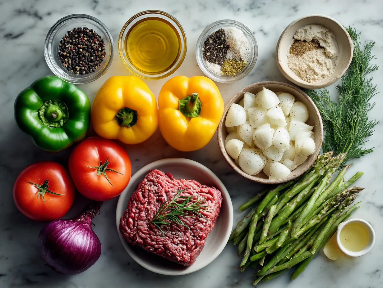 Ingredients laid out for Summer Harvest Vegetable Beef Soup