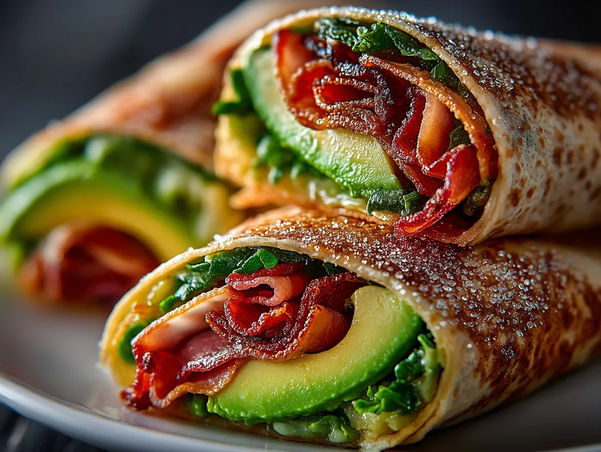 Turkey Bacon Avocado Breakfast Wrap served on a plate with fruit and a smoothie glass