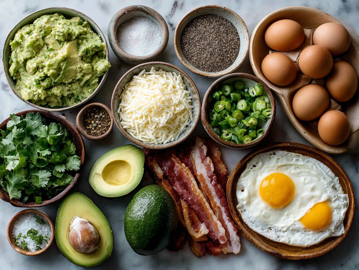 Ingredients for Turkey Bacon Avocado Breakfast Wraps laid out on a kitchen counter