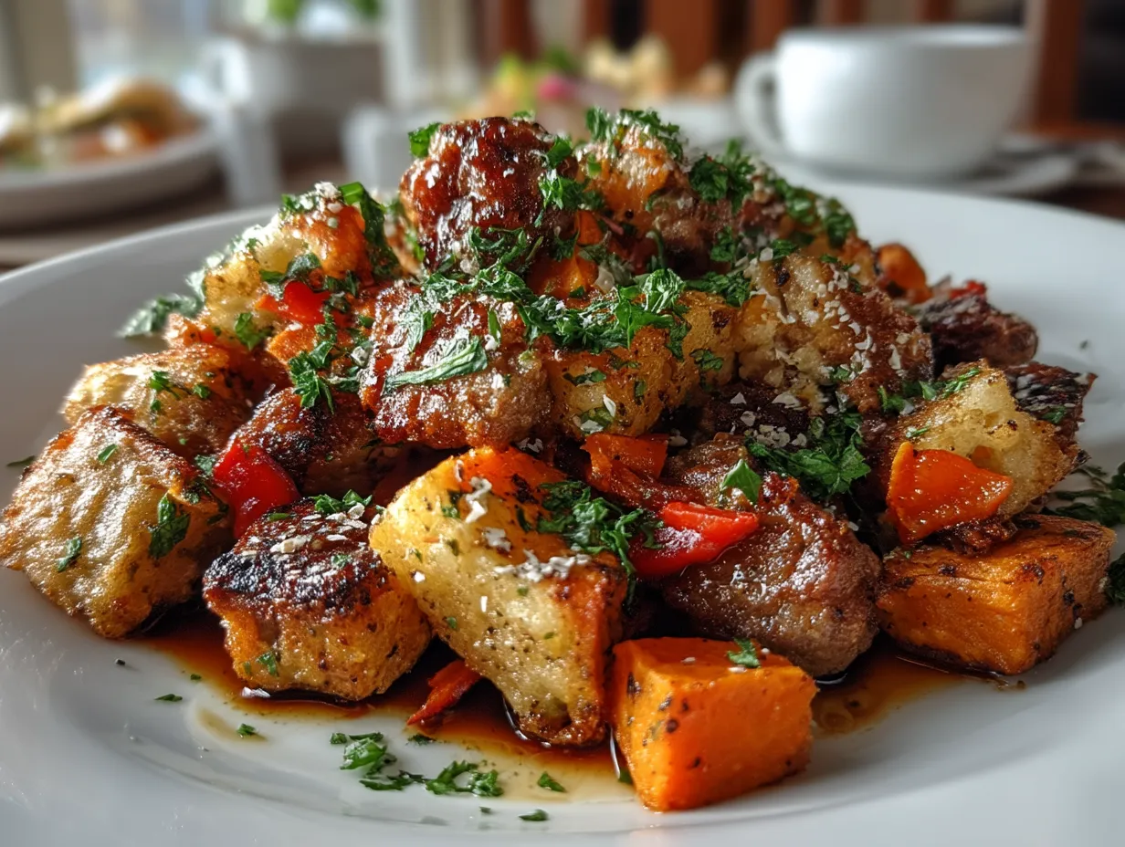 Serving suggestion for Turkey Sausage Sweet Potato Hash garnished with fresh greens and served with eggs
