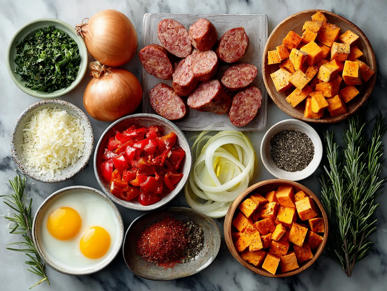 Ingredients for Turkey Sausage Sweet Potato Hash including ground turkey sausage, sweet potatoes, onions, and bell peppers