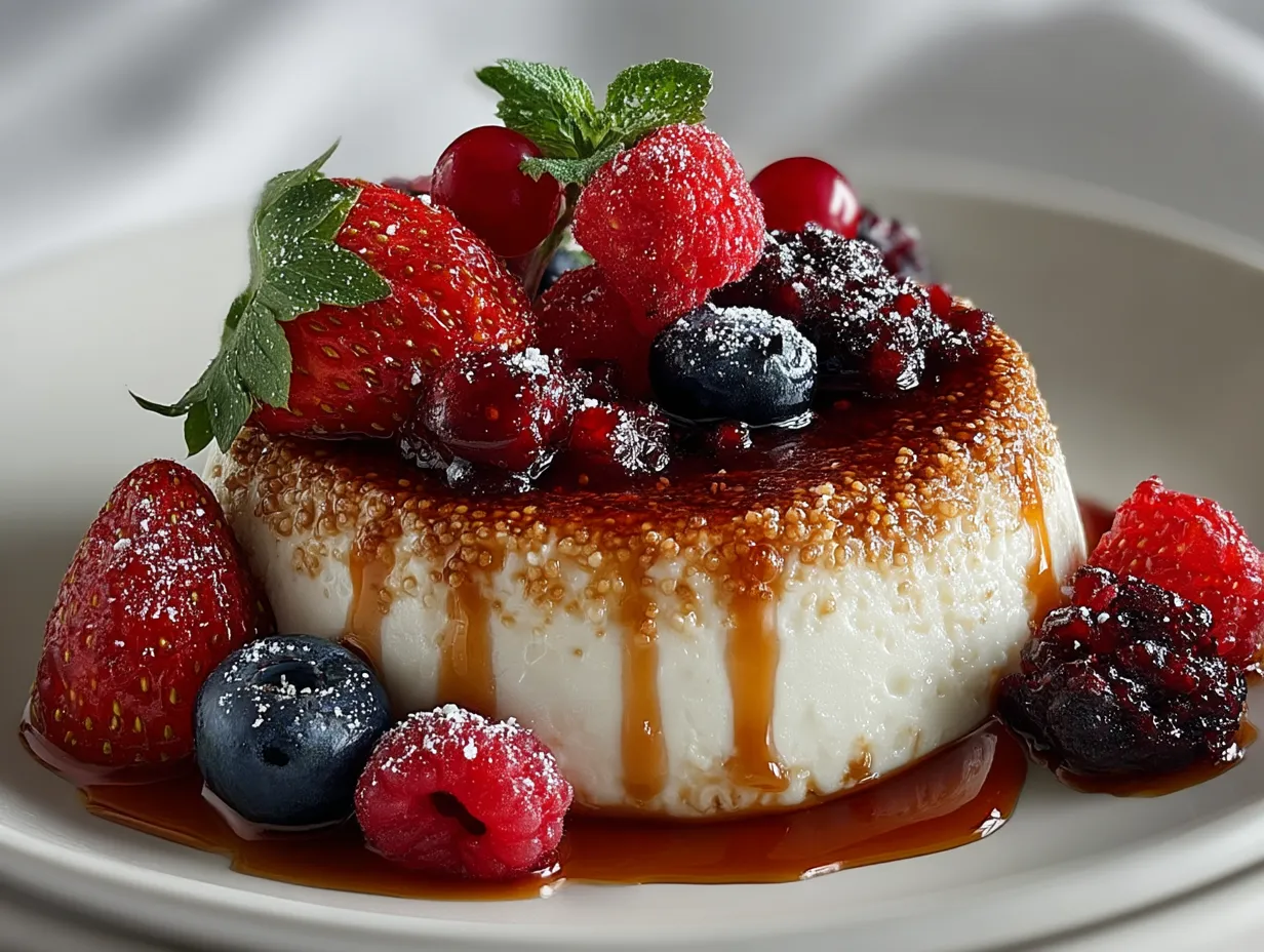 Serving Vanilla Bean Panna Cotta with Berries with fresh mint garnish