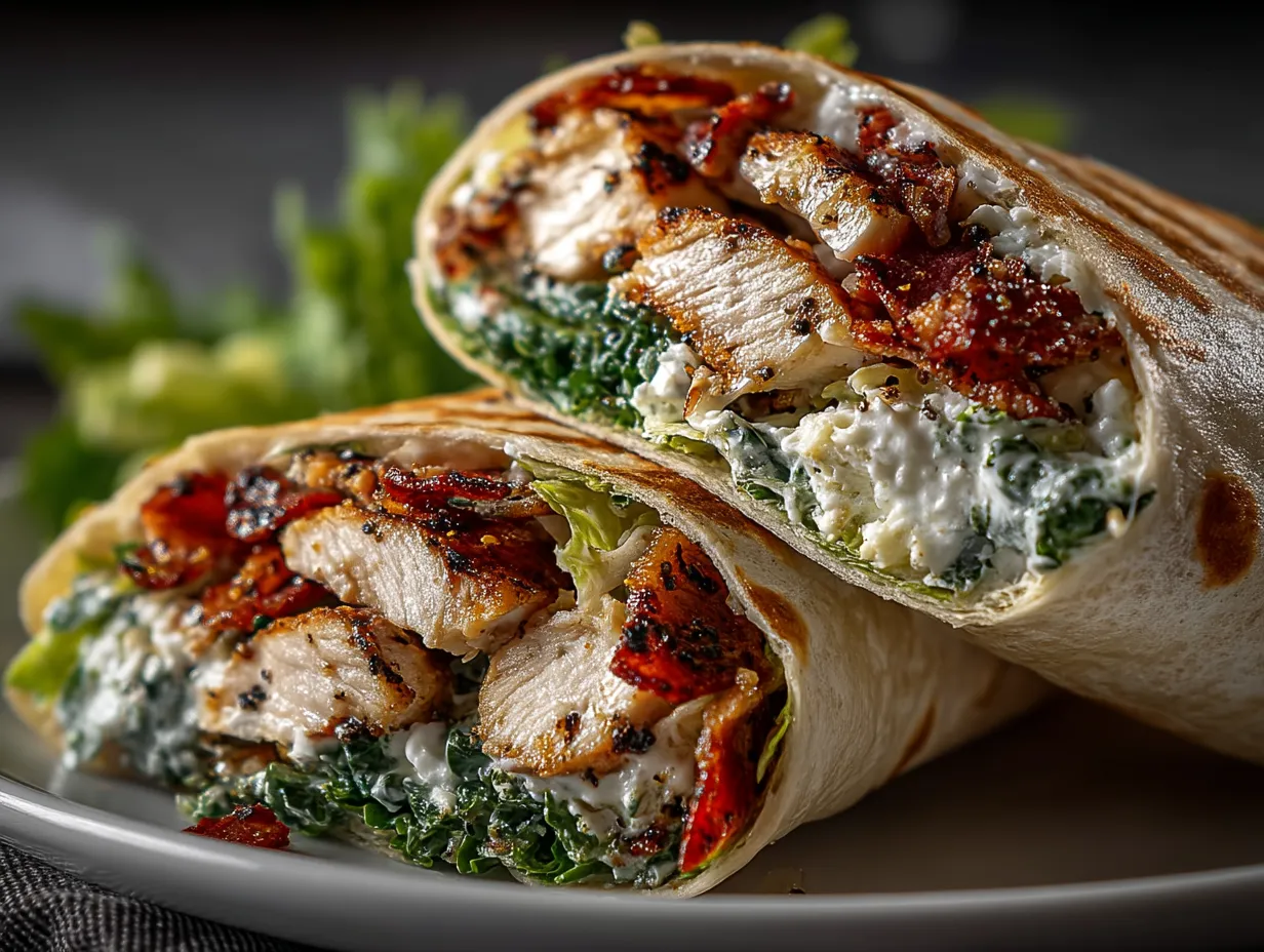 Freshly cut Viral Chicken Caesar Salad Wrap displayed on a wooden board