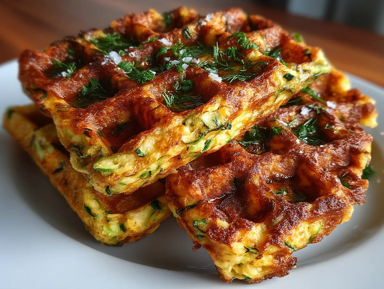 Stack of healthy sugar-free zucchini protein waffles with toppings