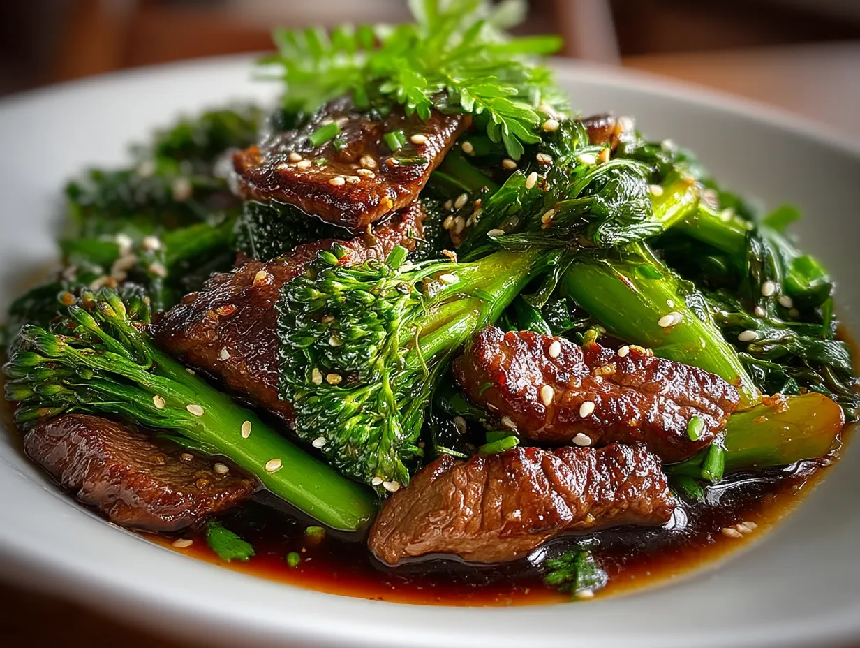 Serving suggestion of 20-Minute Beef and Broccoli Stir Fry with rice and garnish