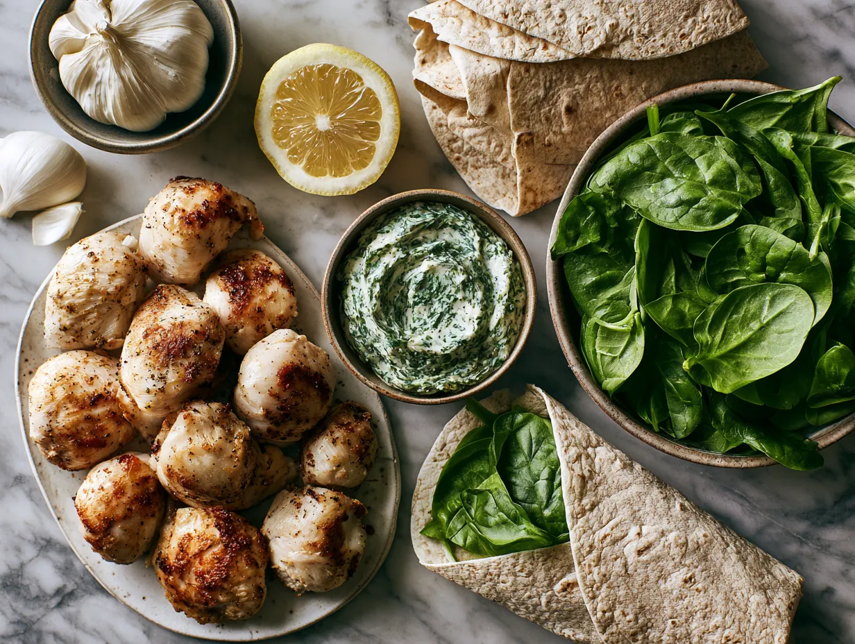 Ingredients laid out for Air Fryer Crispy Chicken Spinach Wraps including chicken breast, spinach wraps, breadcrumbs, parmesan, garlic powder, paprika, eggs, olive oil spray, lettuce, tomatoes, avocado, and dressing
