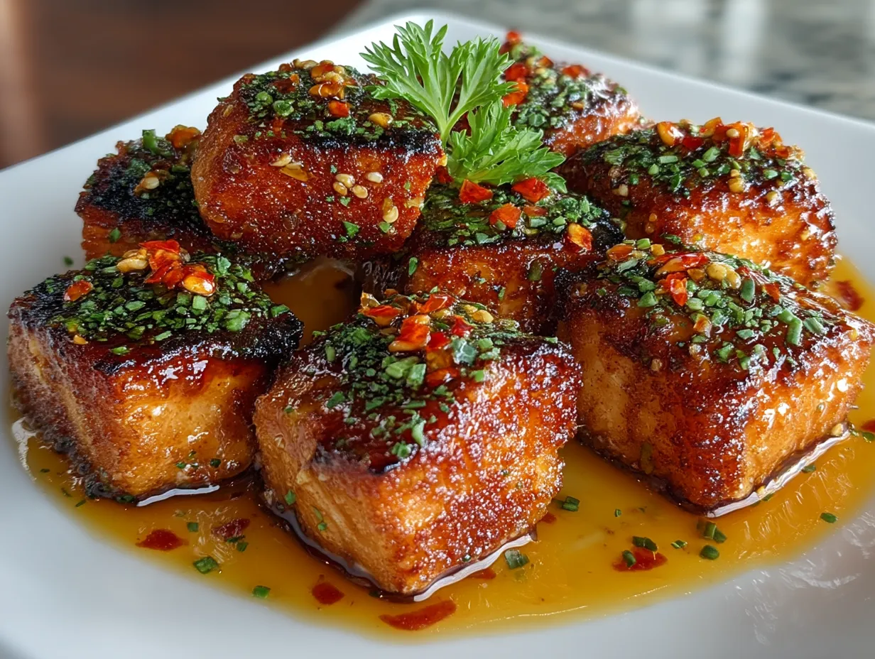 Serving Air Fryer Honey Garlic Salmon Bites with garnish