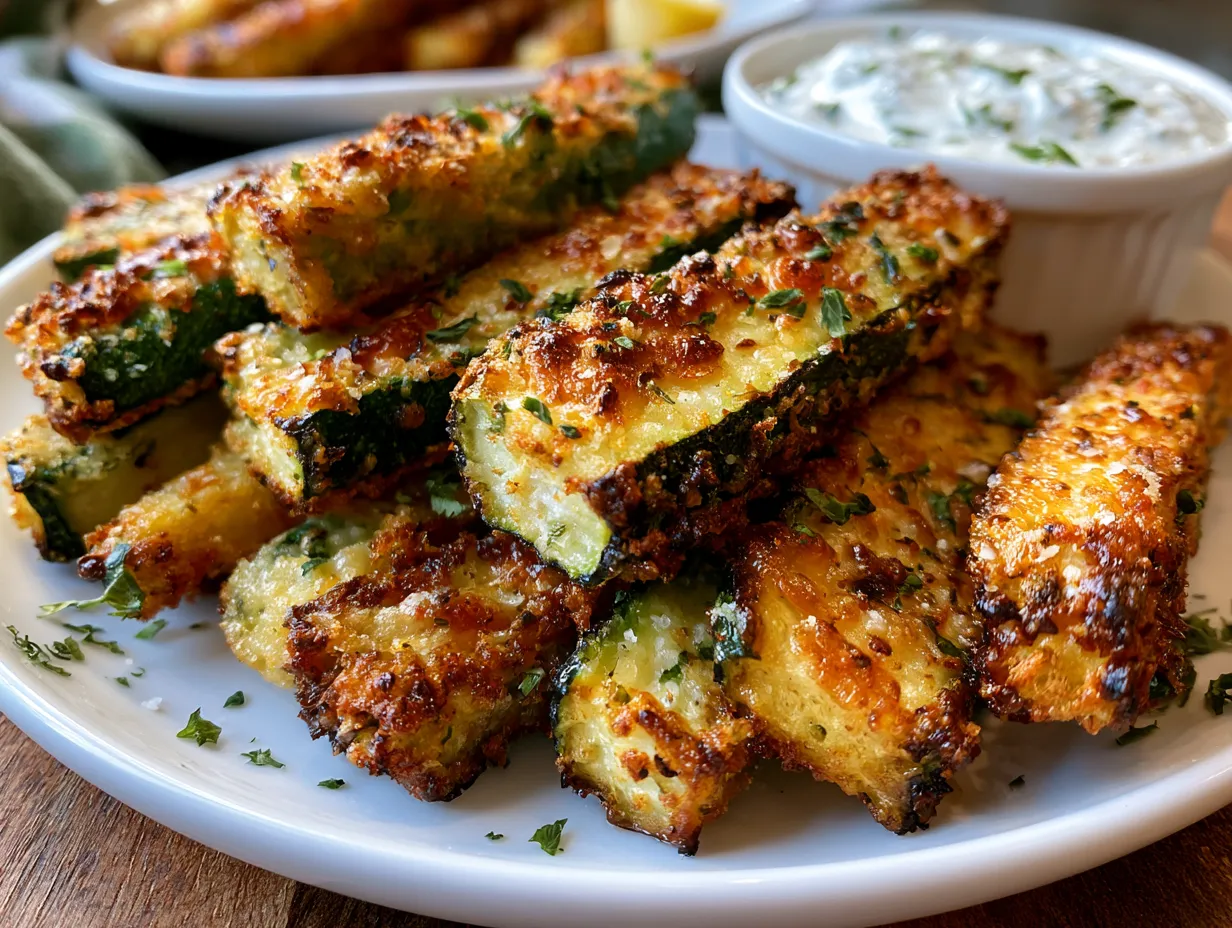 Serving Air Fryer Zucchini Fries with High Protein Ranch dip