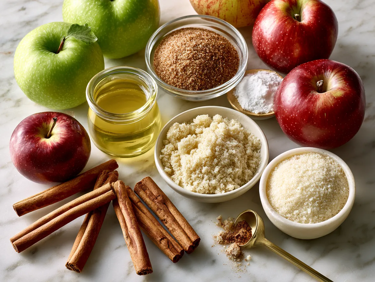 Ingredients for Baked Cinnamon Apple Slice displayed on a table