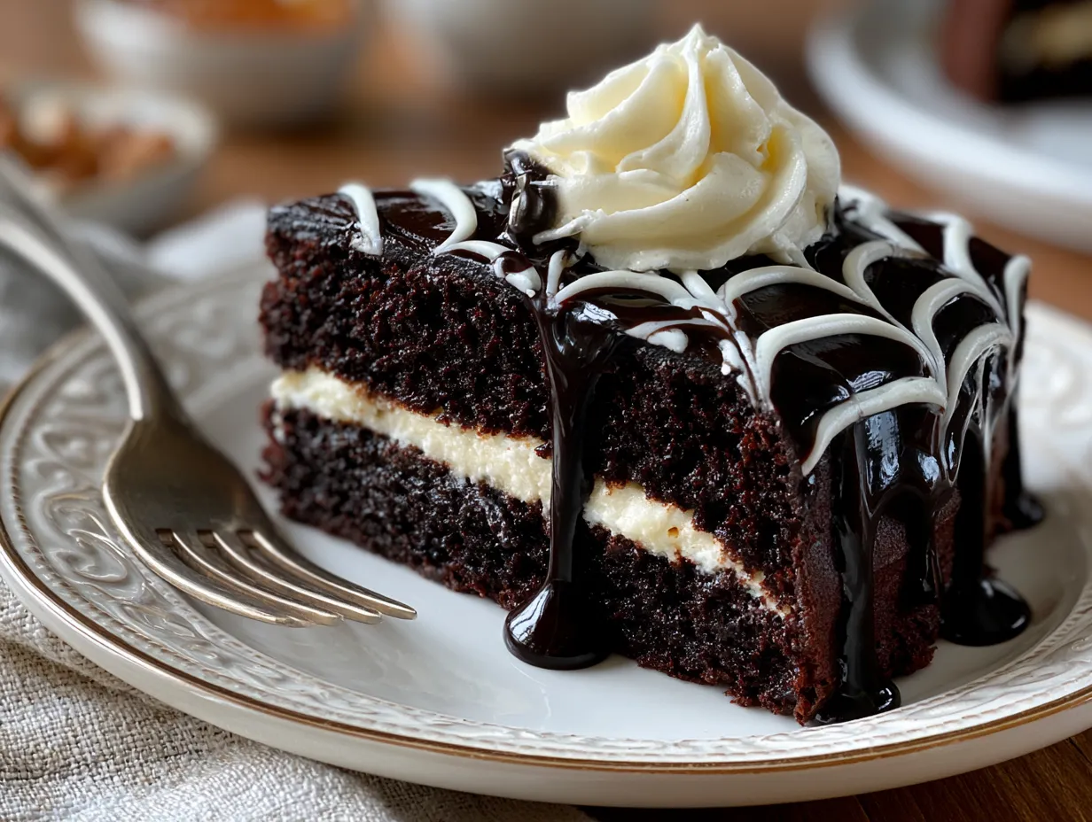 Served Black Velvet Spider Web Cake on a rustic wooden board