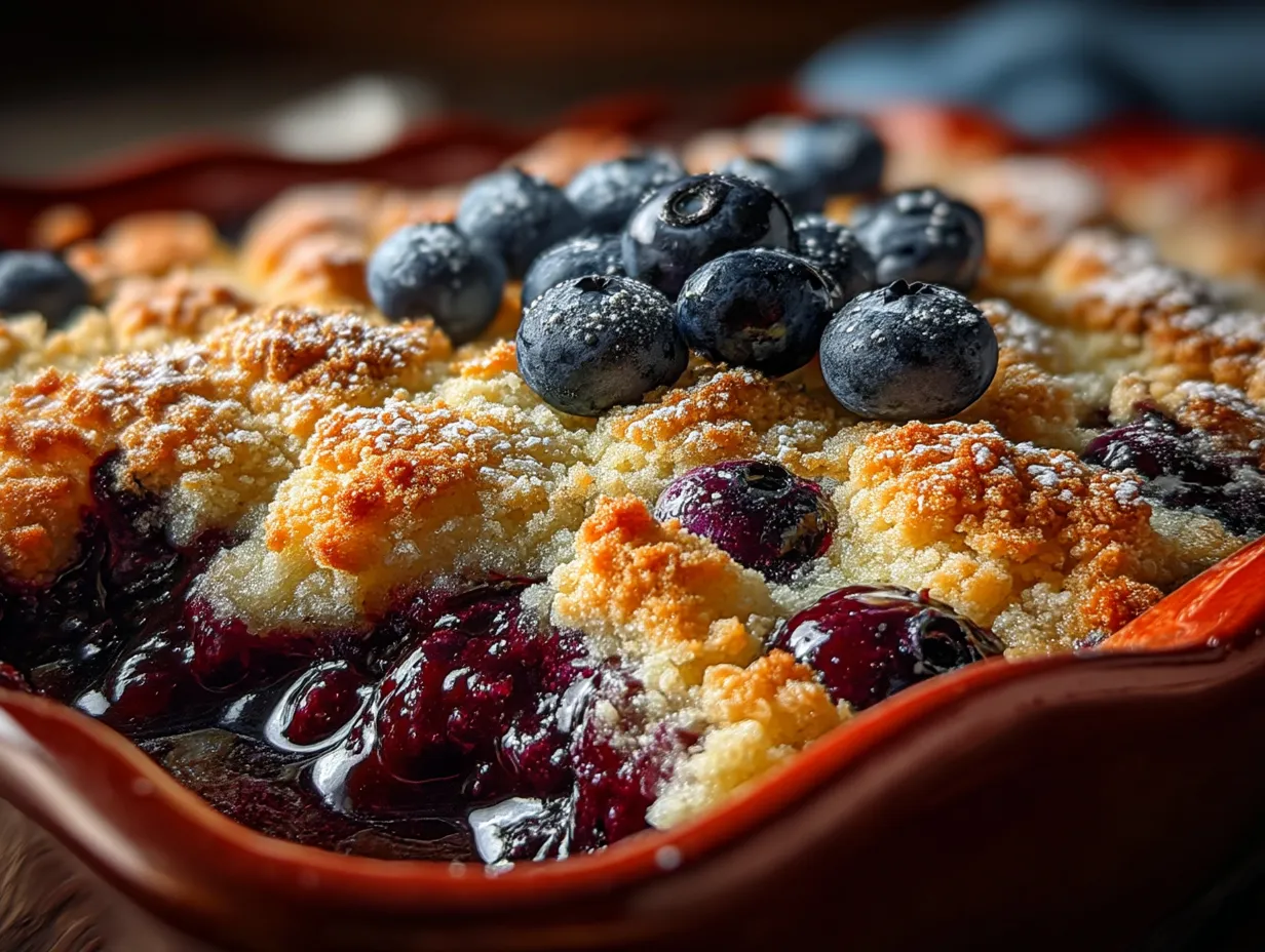 A serving of blueberry cobbler with ice cream