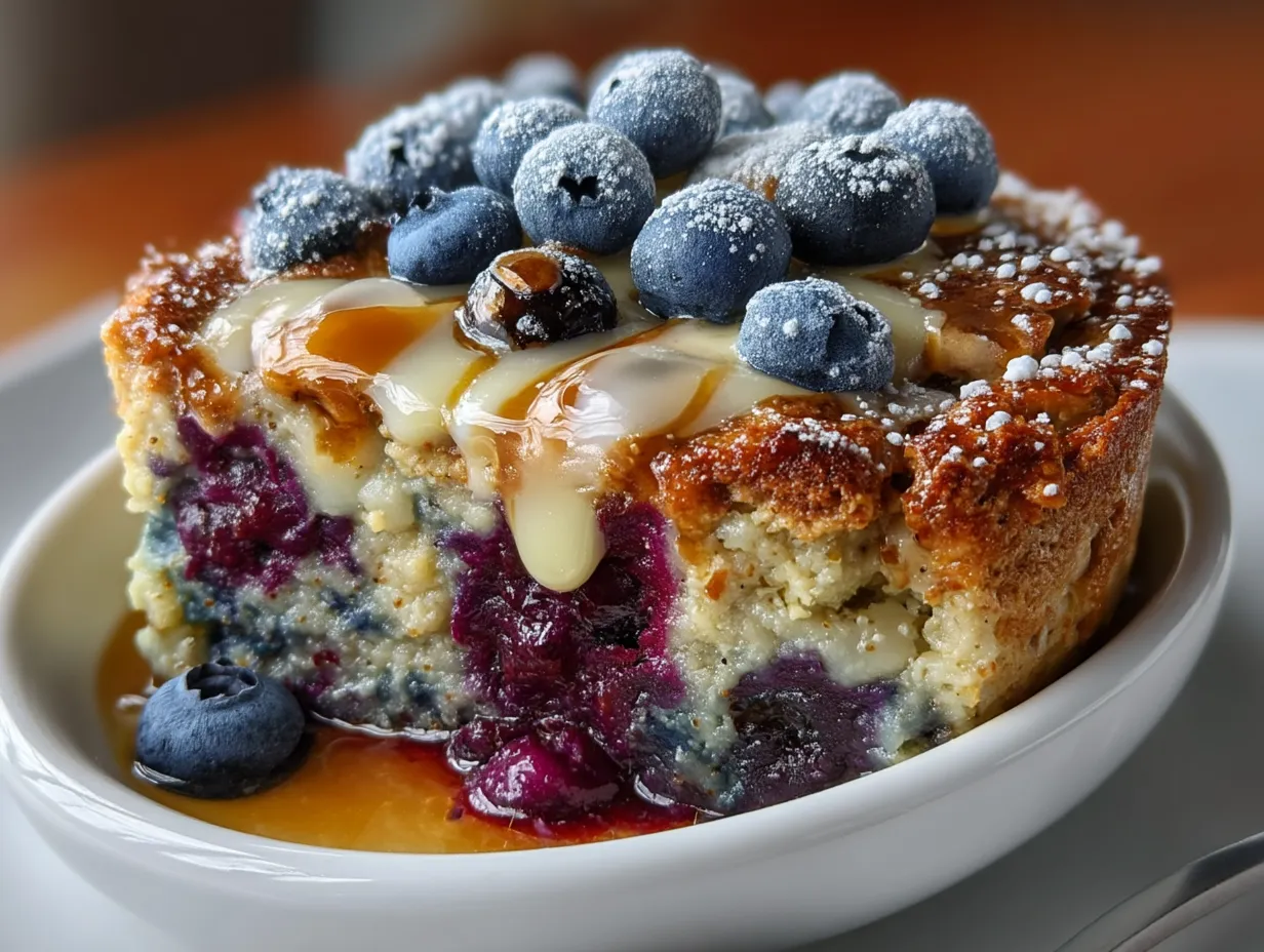 Serving Blueberry Lemon Baked Oatmeal Cold topped with Greek yogurt and nuts