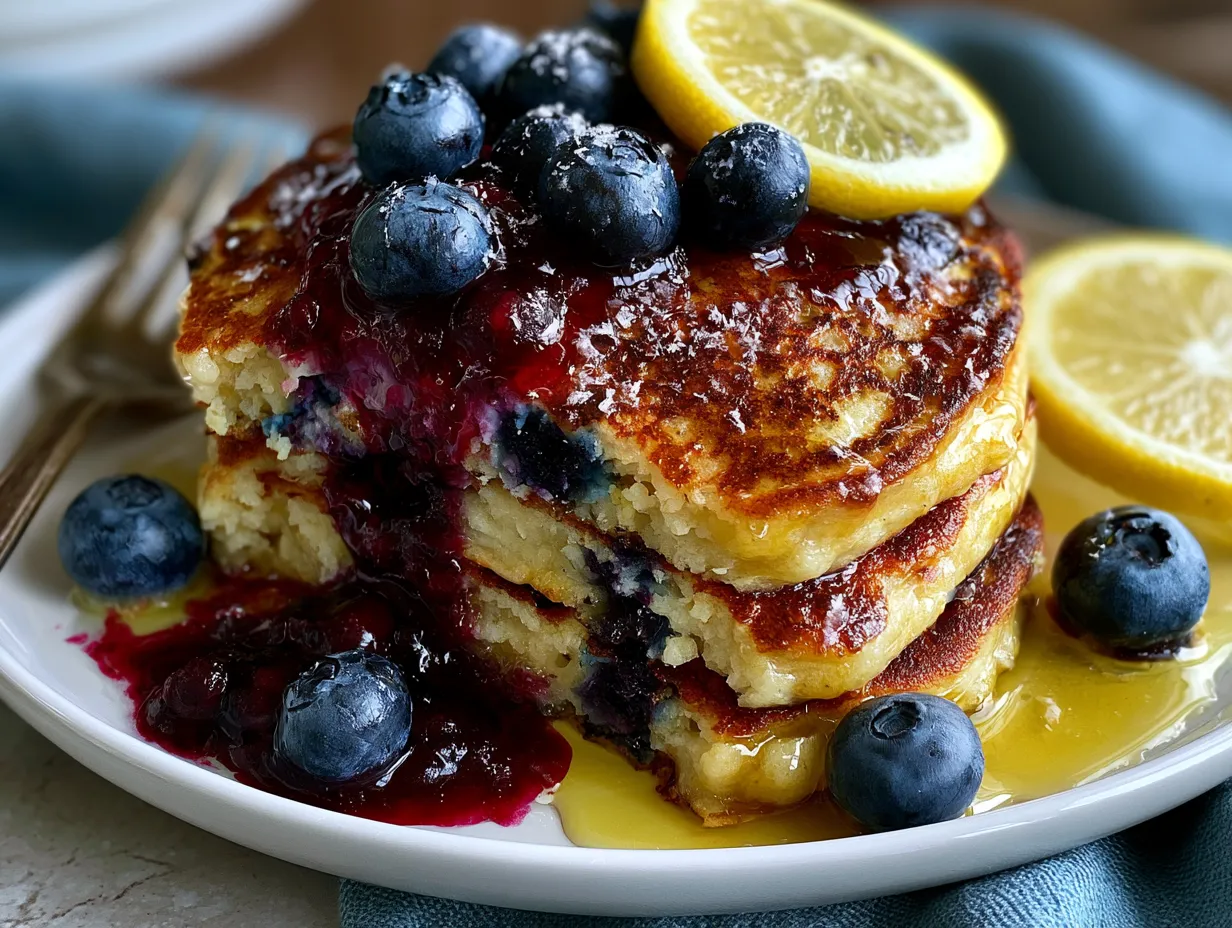 Blueberry Lemon Protein Pancakes served on a plate with toppings
