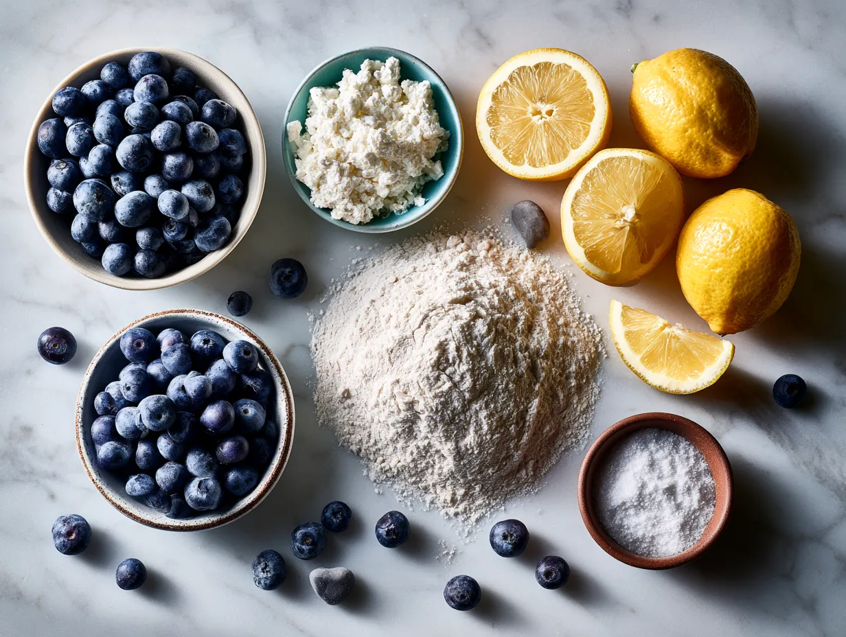 Ingredients for Blueberry Lemon Protein Pancakes on a table