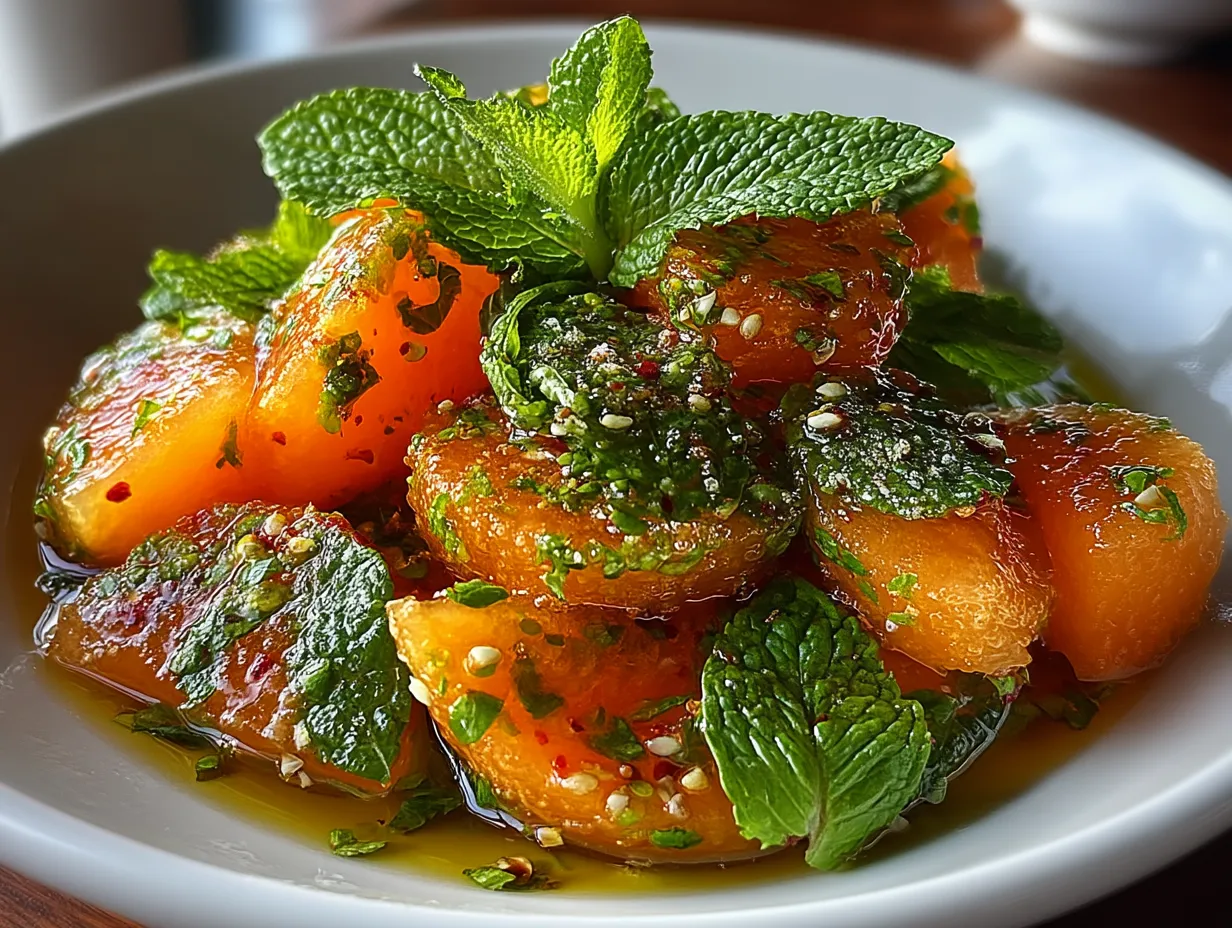 Freshly prepared cantaloupe mint salad served in a clear bowl garnished with mint leaves