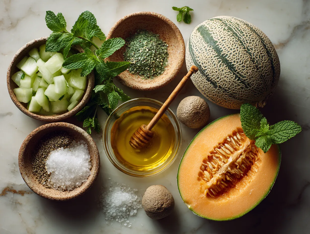 Ingredients for Cantaloupe Mint Salad including ripe cantaloupe cubes, fresh mint, lime, honey, salt, and olive oil
