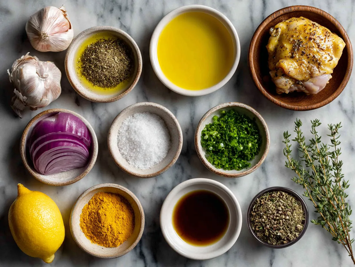 Ingredients for the best chicken thigh marinade laid out in bowls on a counter