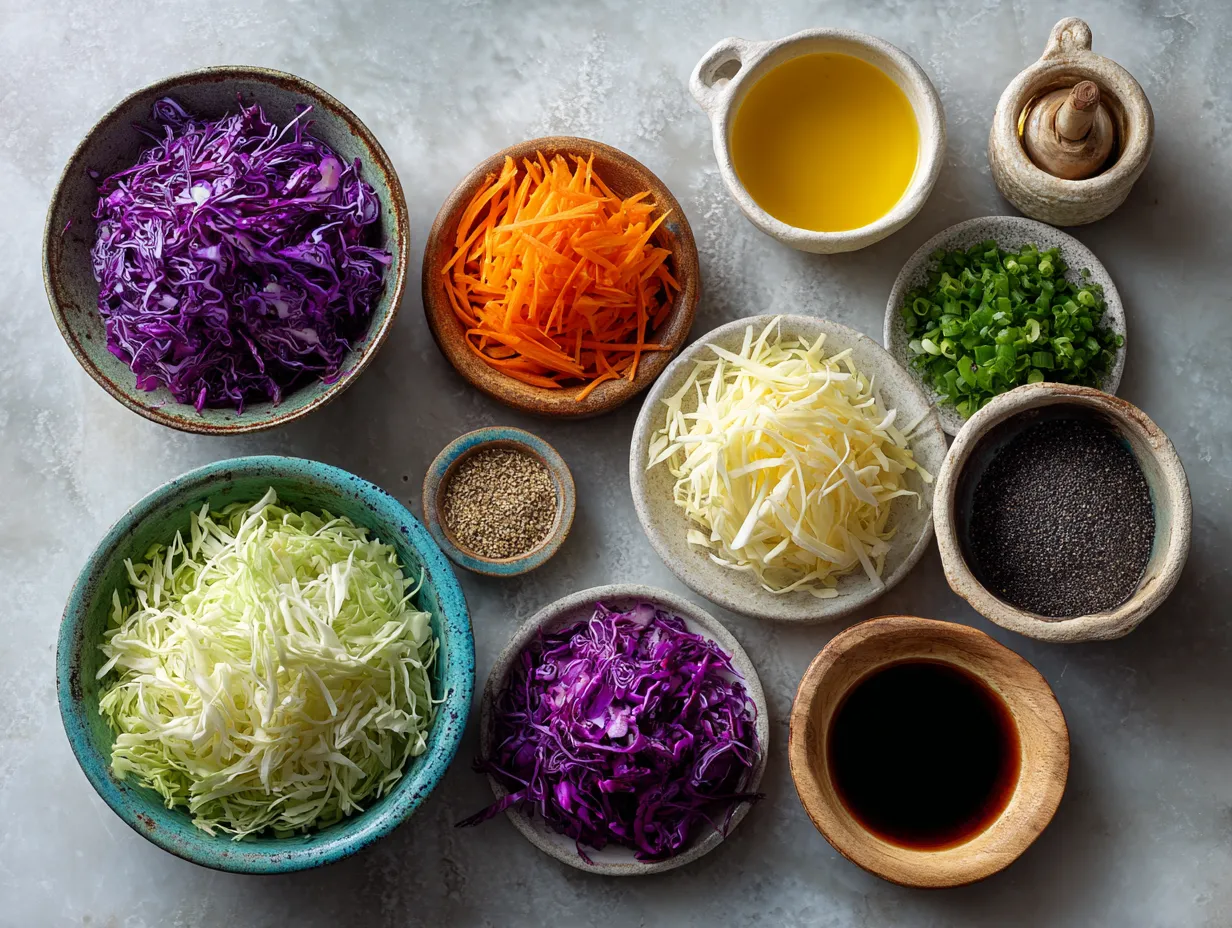 Fresh coleslaw ingredients including shredded cabbage, carrots, and creamy dressing