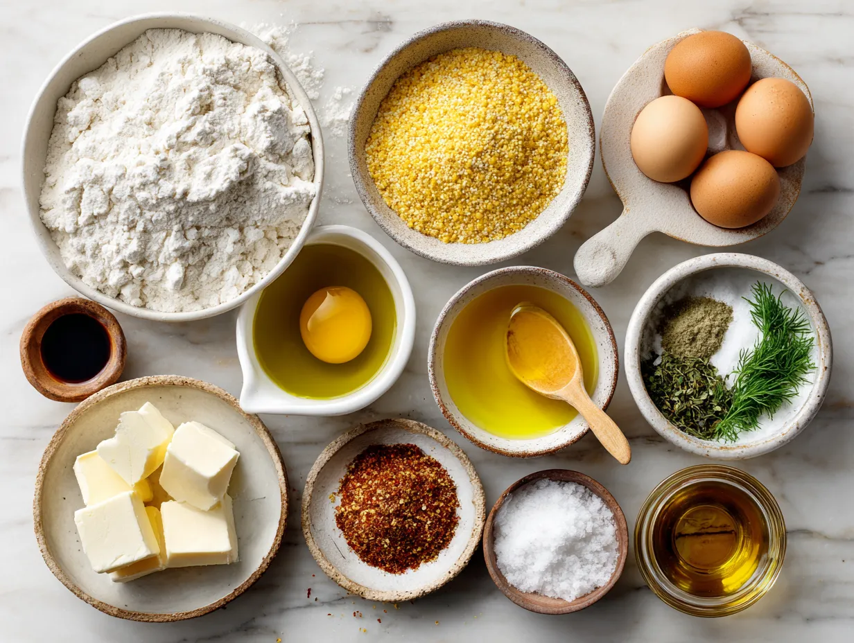 Ingredients for cornbread recipe laid out on a table