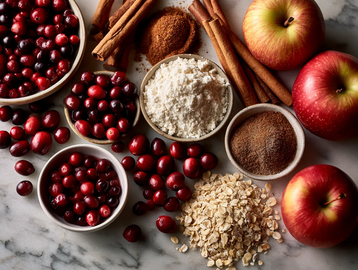 Ingredients for Cranberry Apple Breakfast Tart including apples, cranberries, puff pastry, and spices