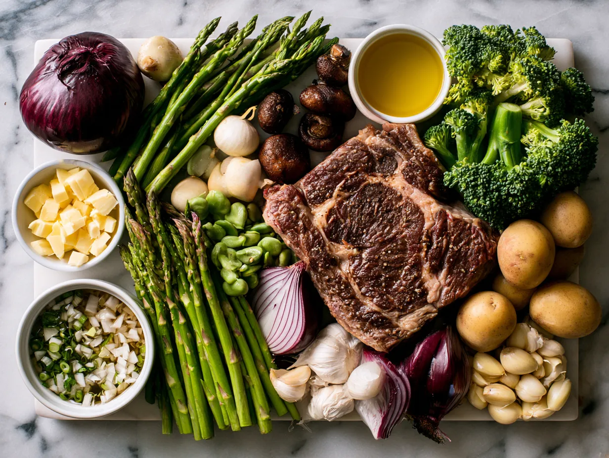 Ingredients for Creepy Skeleton BBQ Beef Rib laid out on a wooden table