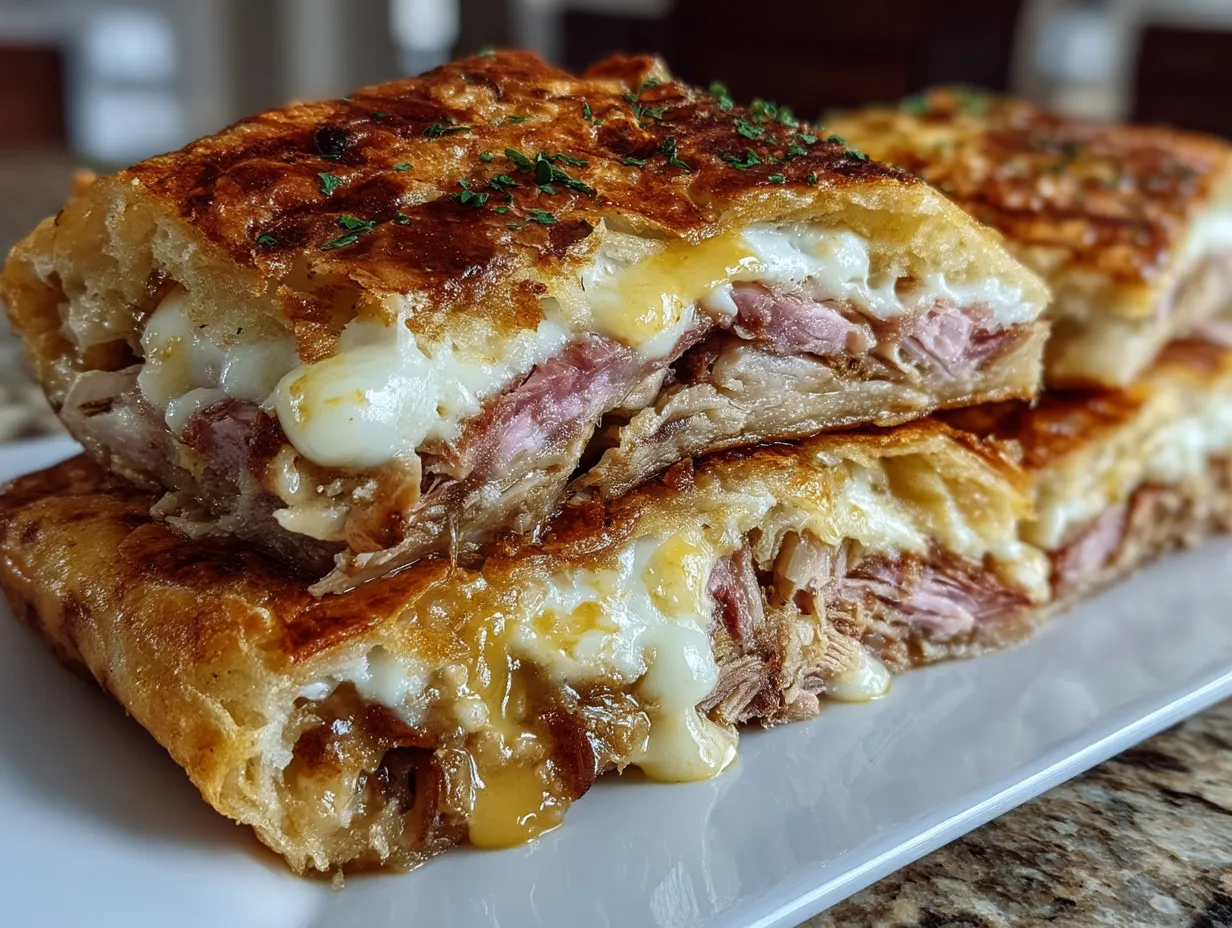 A beautifully served Cuban sandwich with melted cheese and crisp bread alongside fresh sided greens