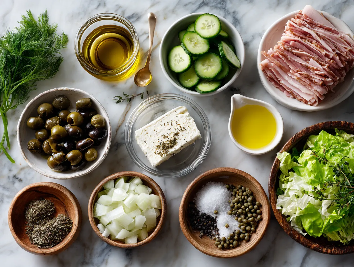 Ingredients laid out for the perfect Cuban sandwich including Cuban bread, roast pork, ham, Swiss cheese, dill pickles, yellow mustard, and mojo marinade ingredients