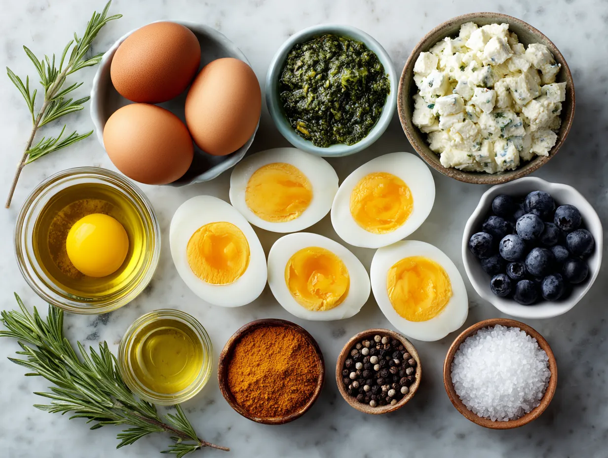 Ingredients for Deviled Eggs: eggs, mayonnaise, mustard, vinegar, paprika