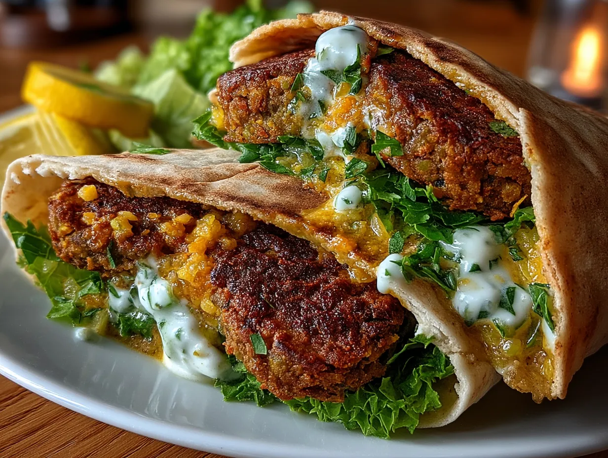 Serving falafel pita wraps with fresh vegetables and sauces on a table