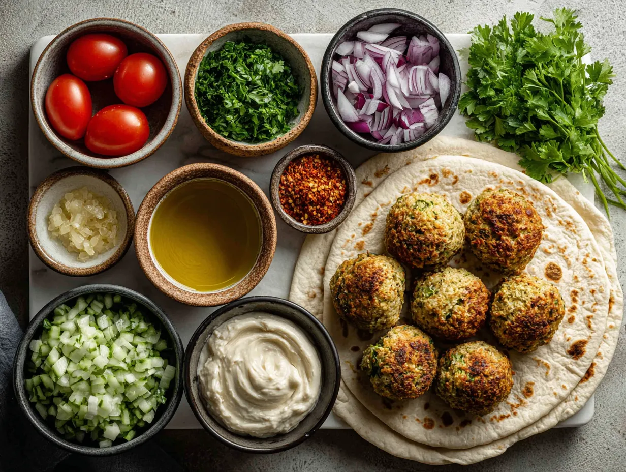 Ingredients for vegetarian falafel pita wrap laid out on a kitchen surface