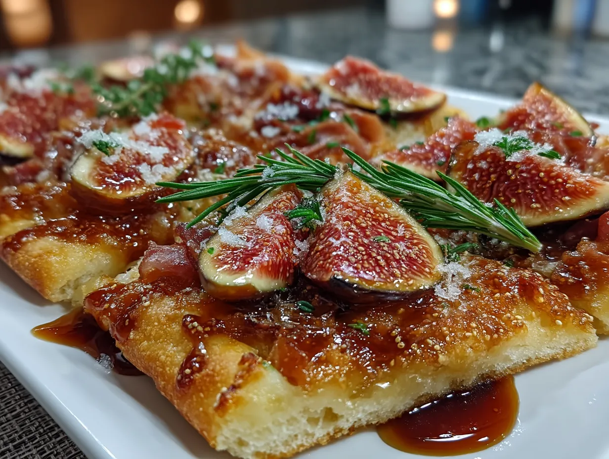 Beautifully presented fig and prosciutto flatbread on a wooden board with fresh herbs