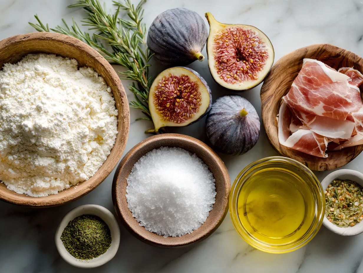 Ingredients for Fig and Prosciutto Flatbread including fresh figs, goat cheese, prosciutto, mozzarella, rosemary, honey, and flatbread