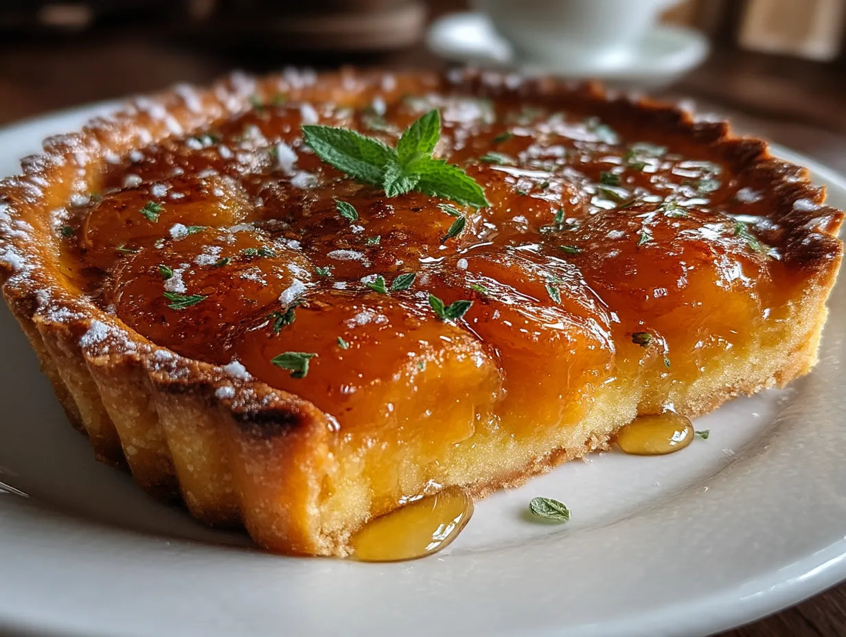 Fresh Apricot Tart with Honey served with vanilla ice cream and toasted almonds